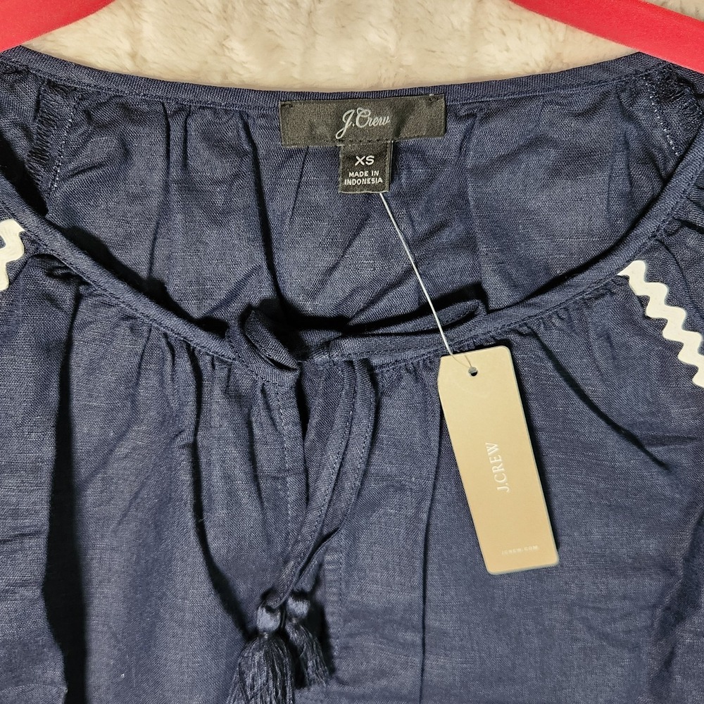 J.Crew Swing Blue Top Rickrack Trim L7449 Navy Puff Sleeve Blouse Womens XS NEW - Picture 6 of 6